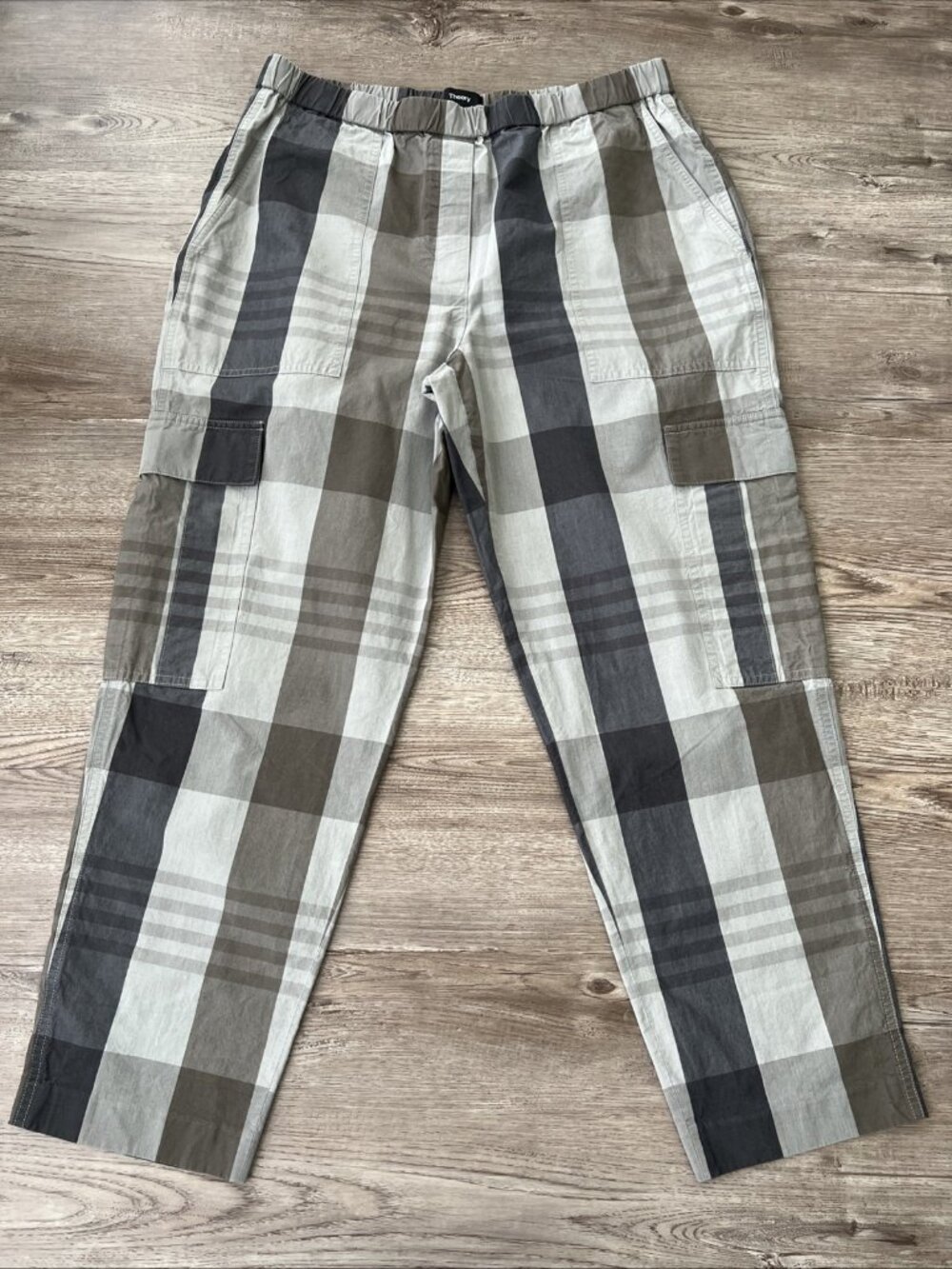 Theory Easy Cargo Pant Womens Medium‎ Gray Plaid Cotton Silk Blend Ankle Length